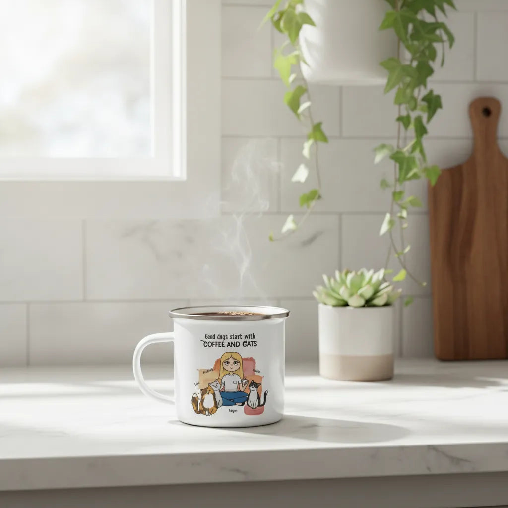 Personalized Enamel Mug - Coffee and cats