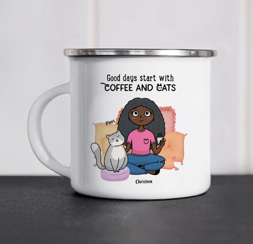 Personalized Enamel Mug - Coffee and cats